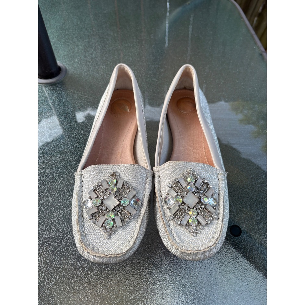 Nurture Champagne Metallic Leather Jeweled Crystal Loafers Flats 8.5M